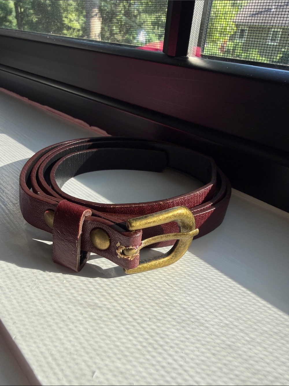 Leather Belt in Burgundy with Brass Buckle